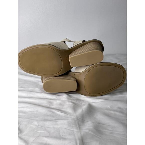 Lucky Brand Shoes Womens Size 10 Beige Wedge Sandals Peep Toe Leather Buckle - Picture 6 of 7